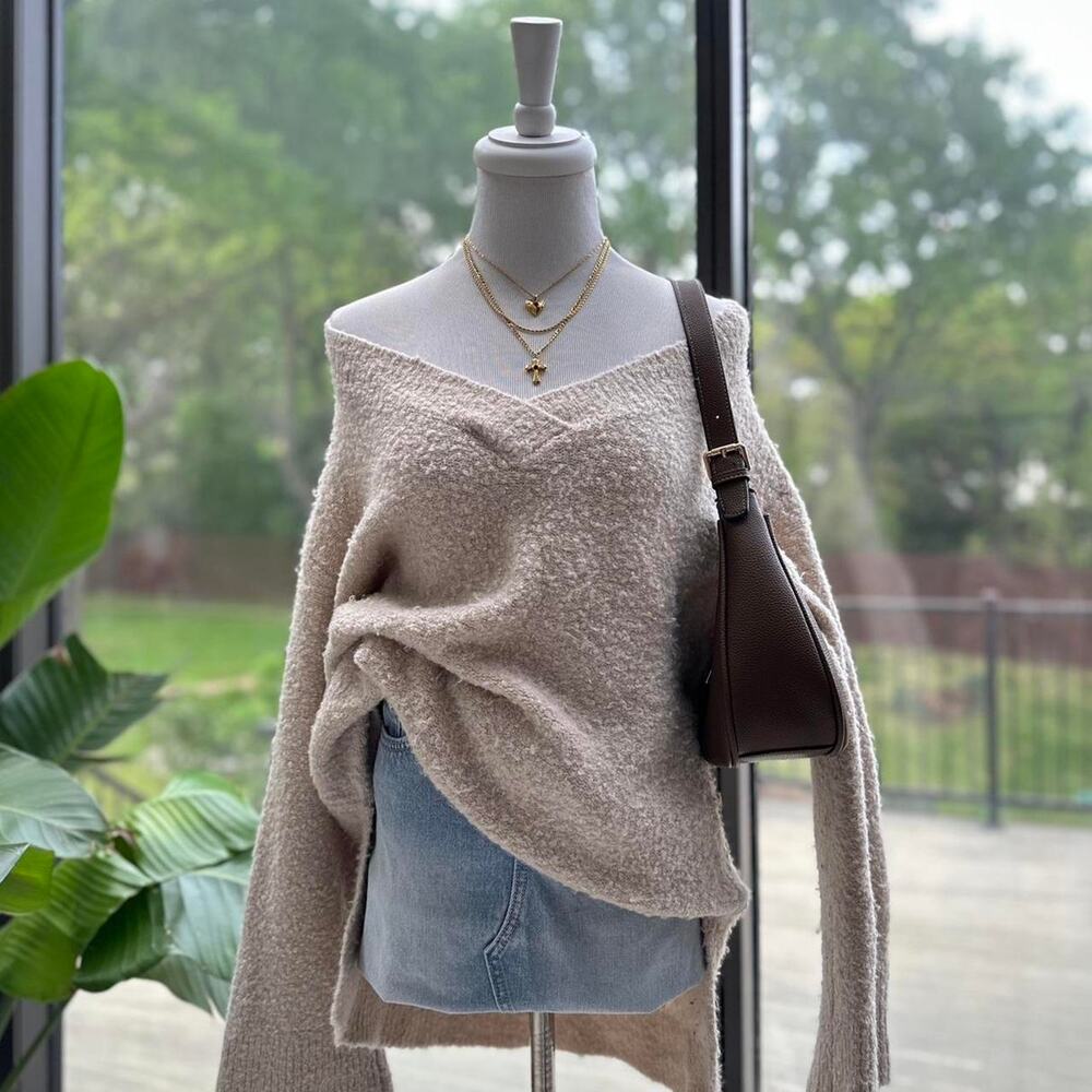 Anthropologie Cream Off-Shoulder Knit Sweater